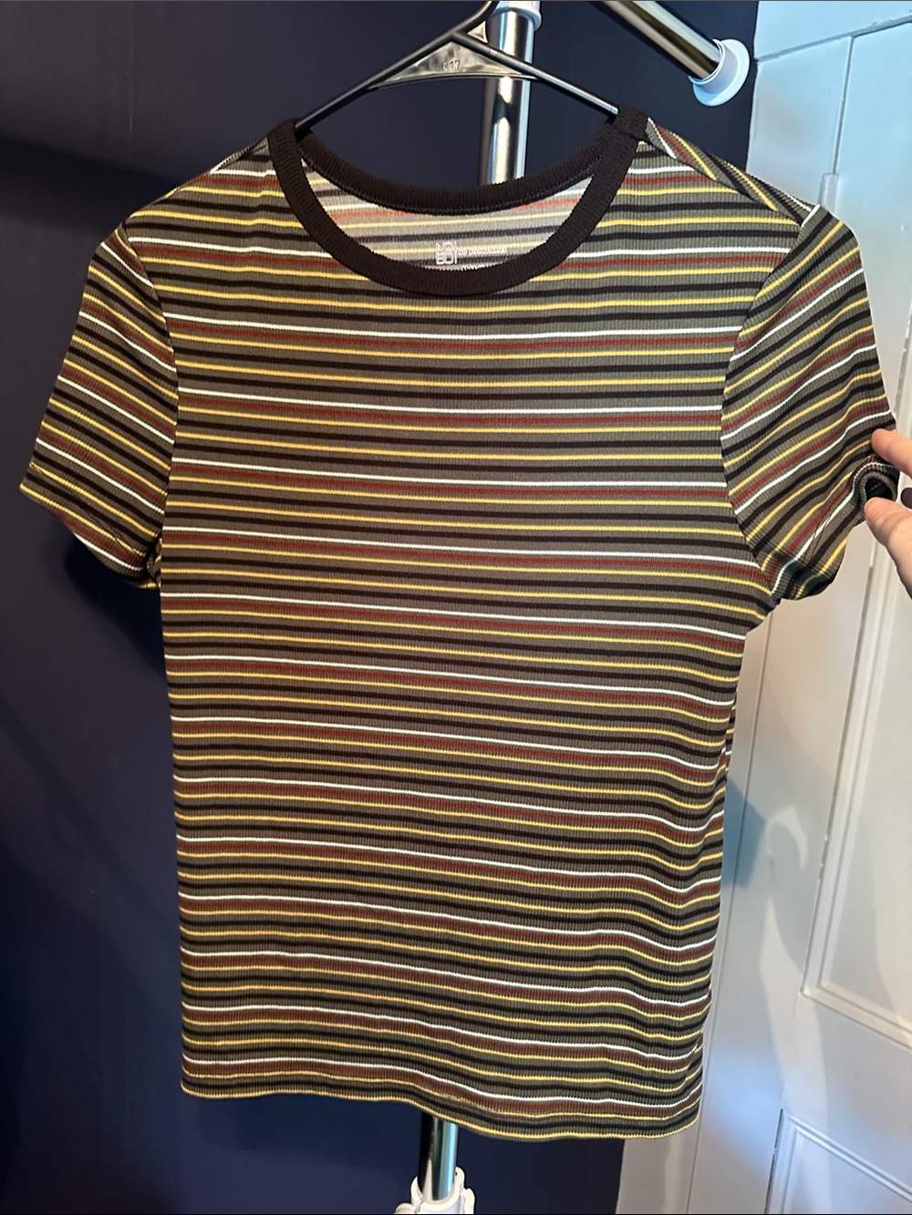 No Boundaries Striped Crewneck Tee in Brown, Olive, Cream and Yellow